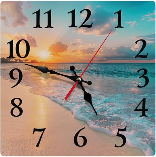 Britimes Square Wall Clock Silent Non-Ticking Battery Operated Clock 12 Inch, Sea Beach Blue Sky Sand Home Decor for Living Room, Kitchen, Bedroom, and Office