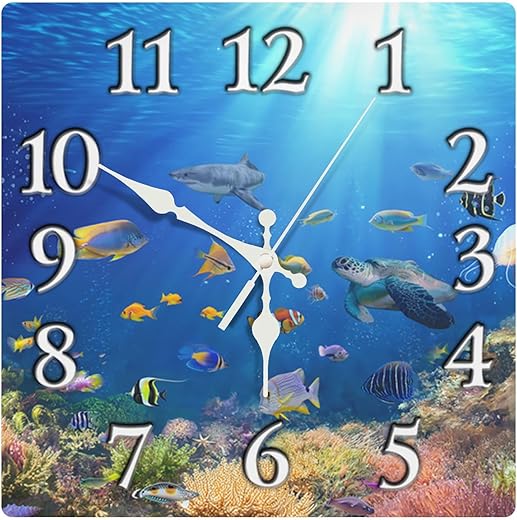 Britimes Wall Clock, Square Silent Non-Ticking Battery Operated Clock 12 Inch, Underwater Coral Reef Tropical Fish Home Decor for Living Room, Bathroom, Bedroom, Kitchen, Office and School