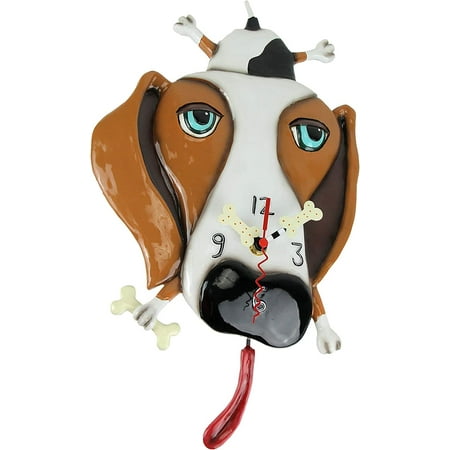 Buckley The Hound Dog Holding a Bone Sculpted Pendulum Wall Clock, 15.25 Inch, Multicolor