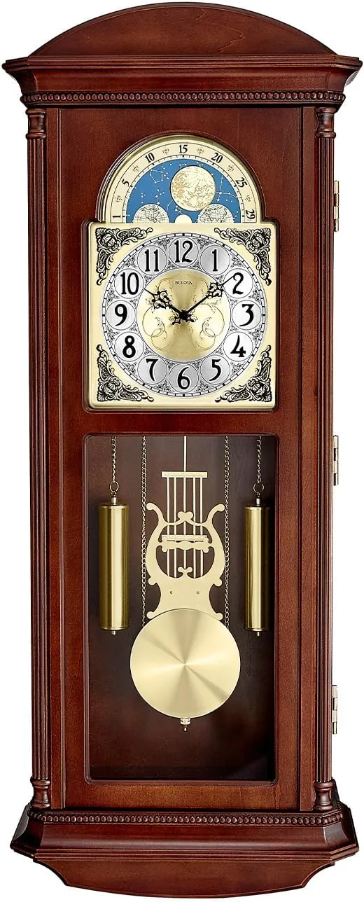 Bulova Litchfield Large Regulator Wall Clock, Model C4332 | Classic Pendulum Design | Harmonic Hourly Chime | Brown Cherry Finish