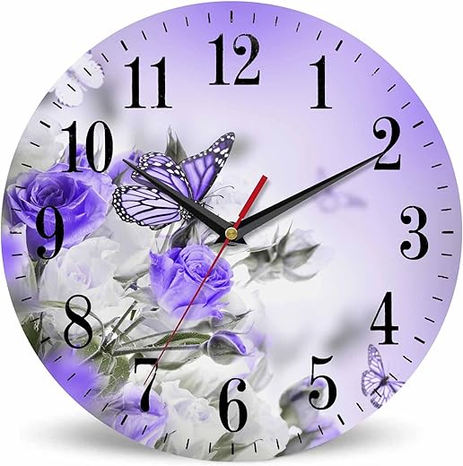 Butterfly Floral Wall Clock Bouquet of White and Purple Roses 10 Inch Silent Non Ticking Battery Operated Clock Vintage Round Clock for Living Room Bedroom Bathroom Office Decor