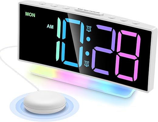 Cadmos Extra Loud Vibrating Alarm Clock with Bed Shaker for Heavy Sleepers Adult,Dual Alarm Clock with USB Charger for Hearing-impaired Deaf,Large RGB Display,7 Color Night Light(White)