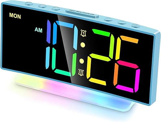 Cadmos Loud Alarm Clock for Heavy Sleepers Adults,Kids,Teens,Digital Desk Clock with USB Port,Large Numbers,7 Color Night Light,Modern Electronic Plug in Simple Clock for Bedroom(Blue+Dynamic)