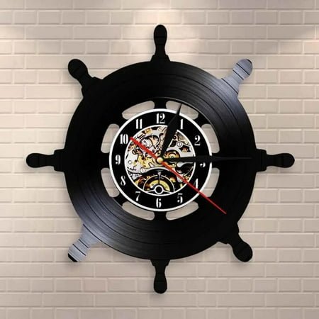 Captain Ship Wheel Vinyl Wall Clock,Vinyl Record Clock Wall Art Black Handmade Art Home Unique Gift idea