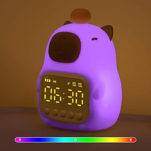 Capybara Alarm Clock with Night Light for Kids, Cute Toddler Alarm Clocks for Bedrooms Ok to Wake Clocks for Girls and Boys, Silicone Animal Tabletop Lamp for Kid, RGB Color