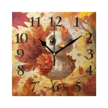 Cartoon Turkey Maple Leaves Thanksgiving Square Wall Clock Battery Operated Easily Read Black Pointer Home Decor for Living Room Bedroom 7.78 x 7.78