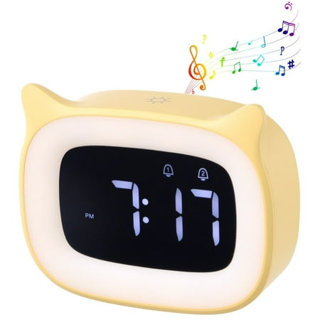 Cat Alarm Clock, Cute Cat Ear Alarm Clock, Alarm Clock with Night Light, Rechargeable Alarm Clock with 18 Ringtones, Digital Clock with Snooze Function for Little Ones