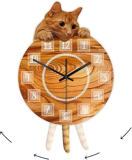 Cat Clock with Moving Tail, Cat Pendulum Wall Clock Silent Non Ticking Battery Operated Easy to Assemble Creative DIY Cat Swinging Wall Clock with Pendulum for Living Room Bedroom Cat Lovers