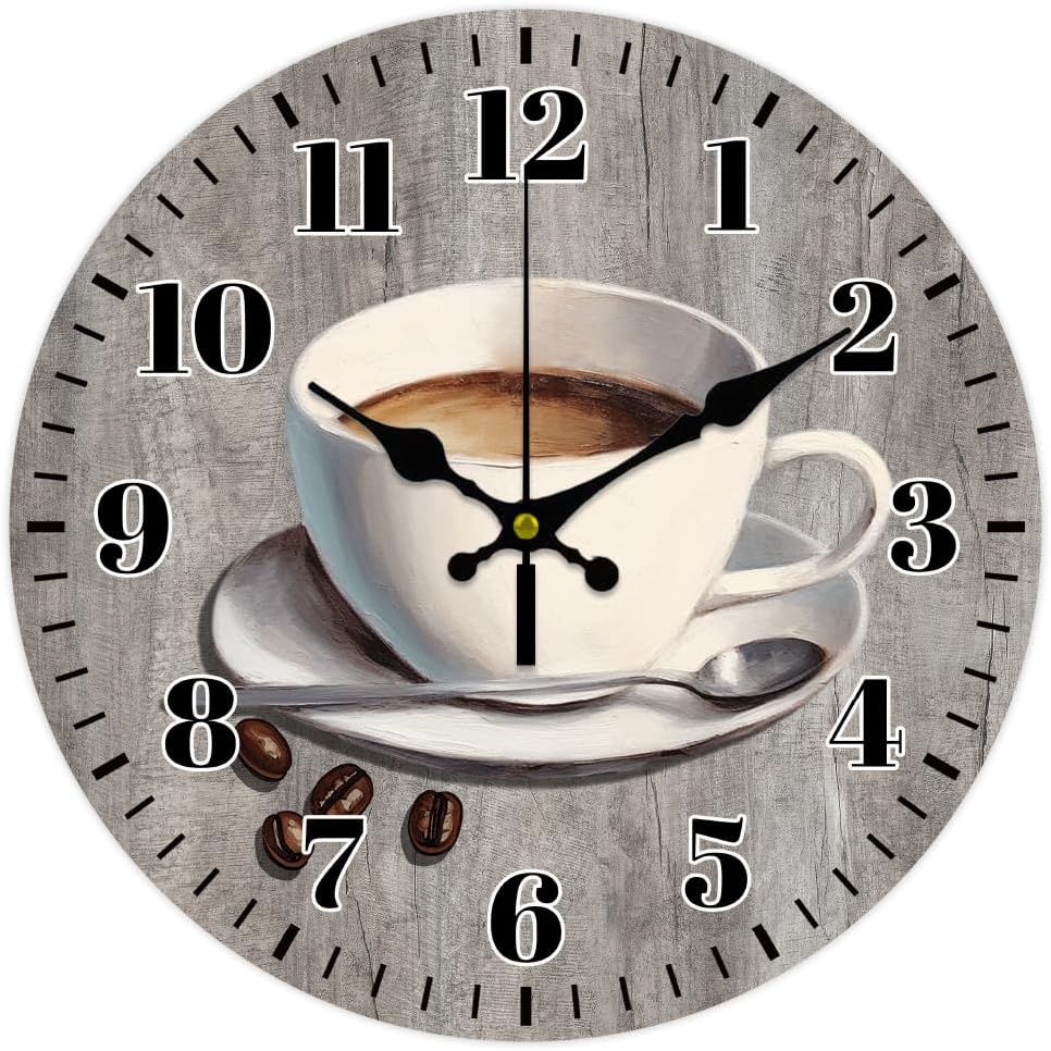 CHGCRAFT 12inch Coffee Wall Clock Coffee Cup Round Wooden Wall Clock Silent Non Ticking Clock Vintage Farmhouse Wall Clock for Office Home Living Room Bedroom Bathroom Kitchen Decor