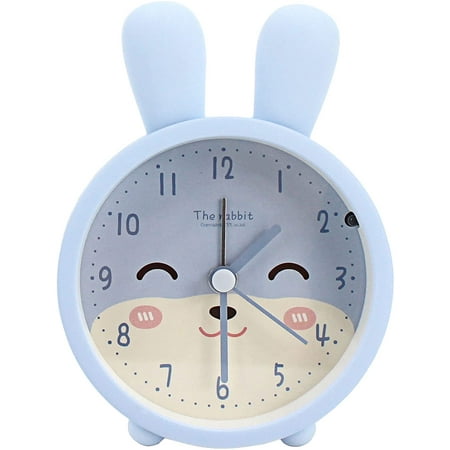 Children Cute Animal Dog/Cat Alarm Clock Silent Non Ticking Silicone Clock Night Light Travel Clock (A-Blue Rabbit)