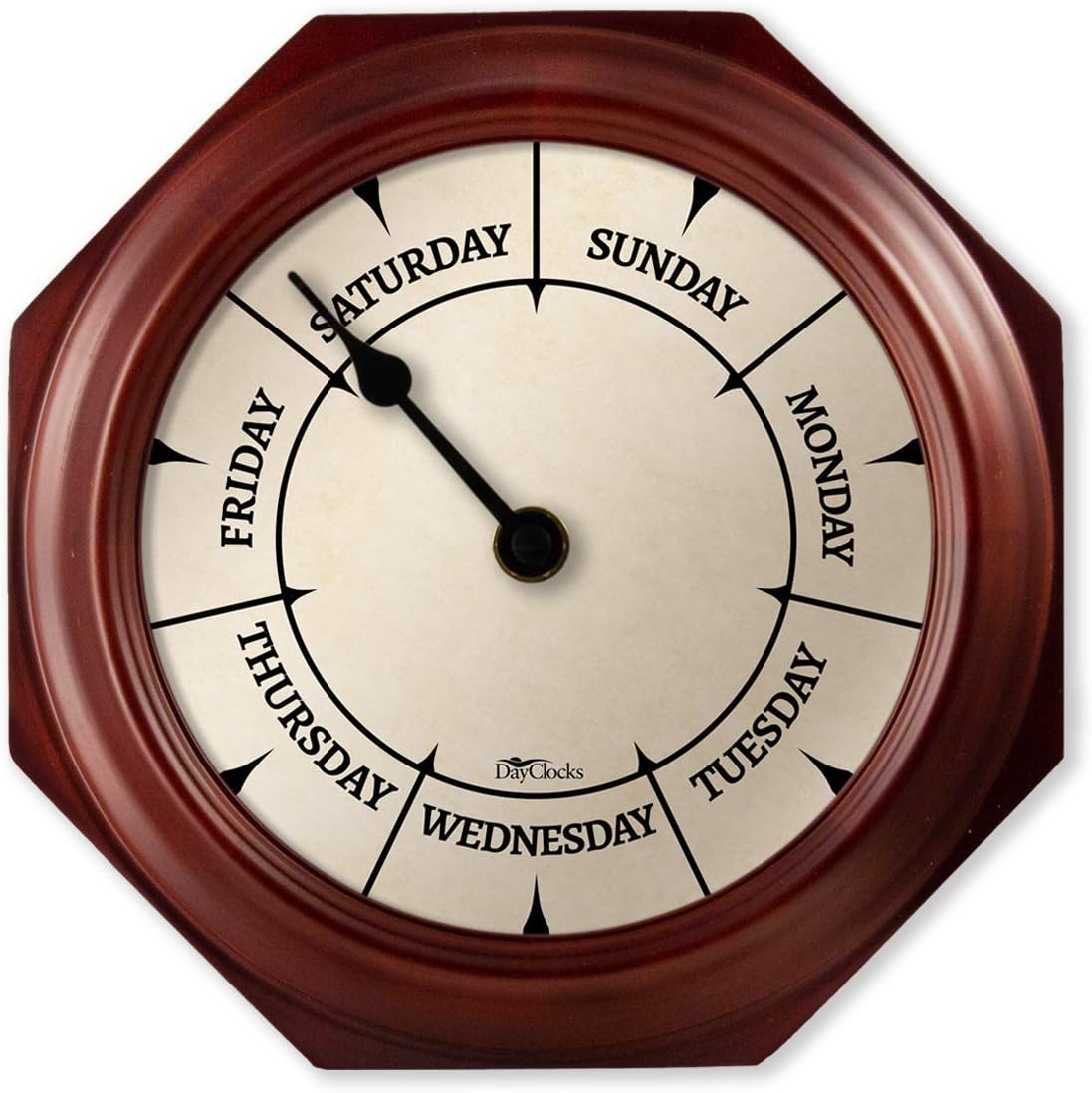 Classic Day of The Week Wall Clock with Solid Wood Frame – Calendar Day Clock – Ideal Retirement Gift for Men & Women – Mahogany, 10"