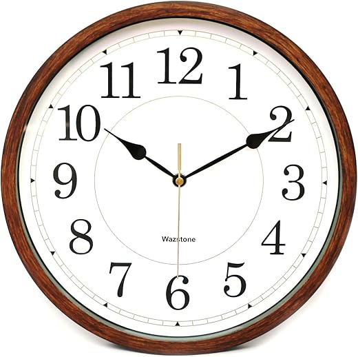 Classic Oak Rustic Farmhouse Wall Clock, Wood-Simulated Vintage Bronze, Complete Quite Non-Ticking Silent Sweep Quartz Movement, Antique Style, 12.6 inch. Diameter, Plastic Frame, ABS Glass Front