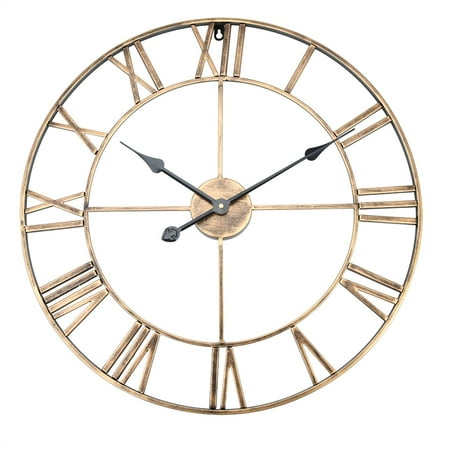 Clock Classic Metal Large Round Shaped Antique Iron Wall Clock Roman Numerals Home Cafe Decor(Golden 60cm)