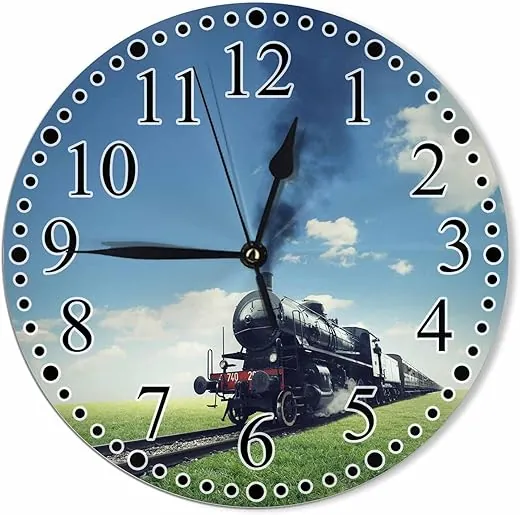 Clock Steam Engine Train Wall Clock 10 Inch Battery Operated Clock Silent Non-Ticking Modern Clocks Decorative for Home Kitchen Living Room Bathroom Office