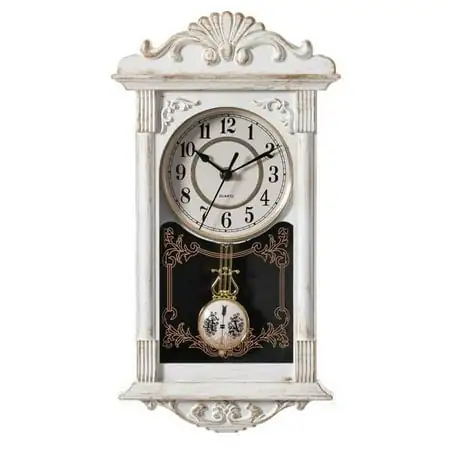 Clockswise Vintage Grandfather Wood- Looking Plastic Pendulum Wall Clock for Living Room, Kitchen, or Dining Room, White