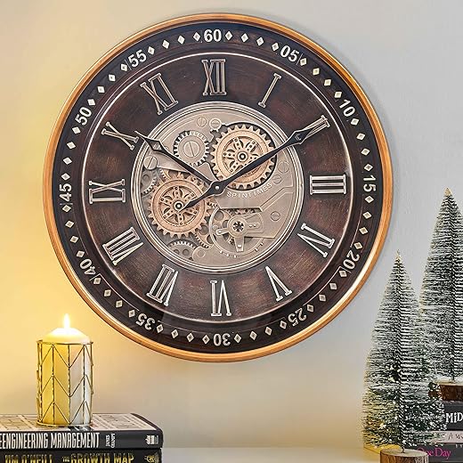 CLXEAST 24 Inch Wall Clock with Moving Gears,Oversized Large Industrial Steampunk Wall Clock, Antique Gold Metal Roman Numeral Wall Clocks for Farmhouse Living Room Decor