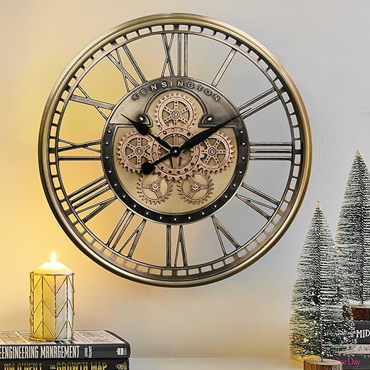 CLXEAST Gold Moving Gear Wall Clock for Modern Living Room Decor,Oversized Large Metal Roman Numeral Silent Wall Clocks for Farmhouse Home Decor, Wall Art Decor,28 Inch