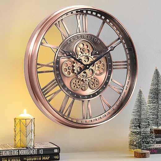 CLXEAST Large Roman Numeral Wall Clock with Moving Gears,Farmhouse Copper Rose Gold Metal Wall Clock for Living Room Decor,Wall Art,Wall Decor for Home Office (21 Inch)