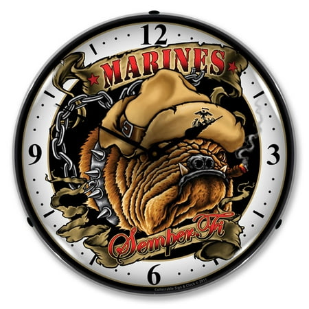 Collectable Sign and Clock Marines Bulldog LED Lighted Premium Wall Clock