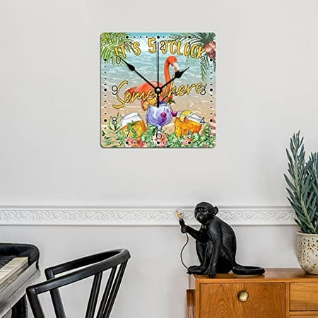 Colorful Bird FlamingoTropical Tree Wall Clock Hawaii Beach Square Clocks It's Five O'clock Somewhere Large Wall Clocks Battery Operated 12 Inch Tuscan Cabin Living Room Home Decor