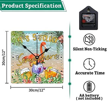 Colorful Bird FlamingoTropical Tree Wall Clock Hawaii Beach Square Clocks It's Five O'clock Somewhere Large Wall Clocks Battery Operated 12 Inch Tuscan Cabin Living Room Home Decor