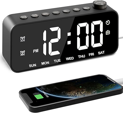 Colorful Digital Alarm Clock Radio, Small Clock Radio, Simple Design, Dual Alarm, Snooze, FM Radio, Sleep Timer, USB Charging Port, Modern Decor for Bedroom, Bedside, Office, Adult, Kid, Gift, Black