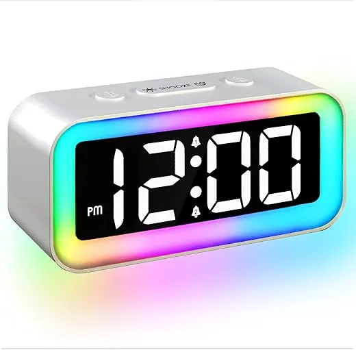 Colorful Nightlight LED Digital Alarm Clock with Super Loud Dual alarm, Weekday mode, Snooze, Dimmer, USB Charging Port for Livingroom, Bedroom, Bedside, Heavy Sleeper, Adult, Kid, Teens, gift, Silver