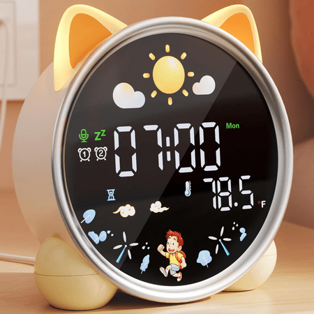 Comzler Kids Alarm Clock with Night Light, Cat Alarm Clock with Sleep Training and Sound Machine