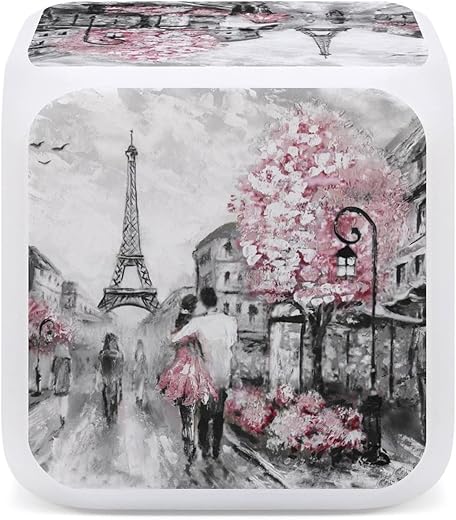 Couple in Grey Paris Street Pink Cherry Blossom Flowers Eiffel Tower Mini Digital Alarm Clocks, LED Night Glowing Cube Clock Desk Table Clock, Wake Up Bedside Clock Room Decor Gifts for Bedroom