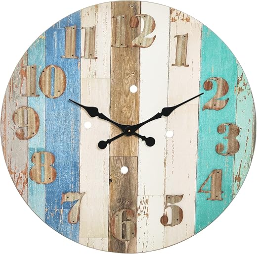 Creative Co-Op Multicolor Wood Wall Clock with Corrugated Metal Numbers