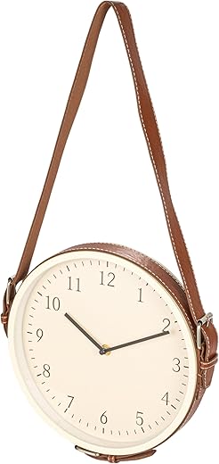 Creative Co-Op Plastic Hanging Wall Clock with Leather Strap, White and Brown