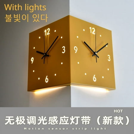 Creative Light Sensor Corner Wall Clock Square Simple Double Sided Wall Clock with Arabic Numeral Scale Analog Silent Wall Clock (B1)