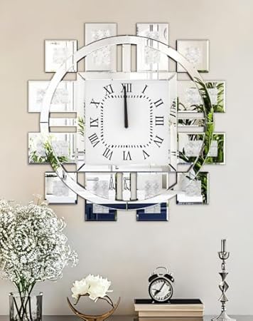 Crushed Diamond Wall Clock: Decorative 24 inch Round Mirrored Clock with Beveled Glass Mirror Edge Frame and Bling Diamonds, Art Deco Home Modern Decoration for Livingroom, Silver