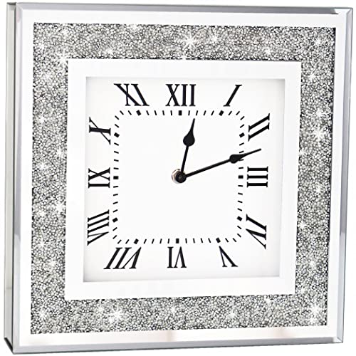 Crystal Crush Diamond Mirrored Square Wall Clock with Sparkle Twinkle Bling Diamond Decor for Wall Decoration, 16x16 inch Decorative Silver Mirror Quartz Clock for Home Decor. AA Battery not included