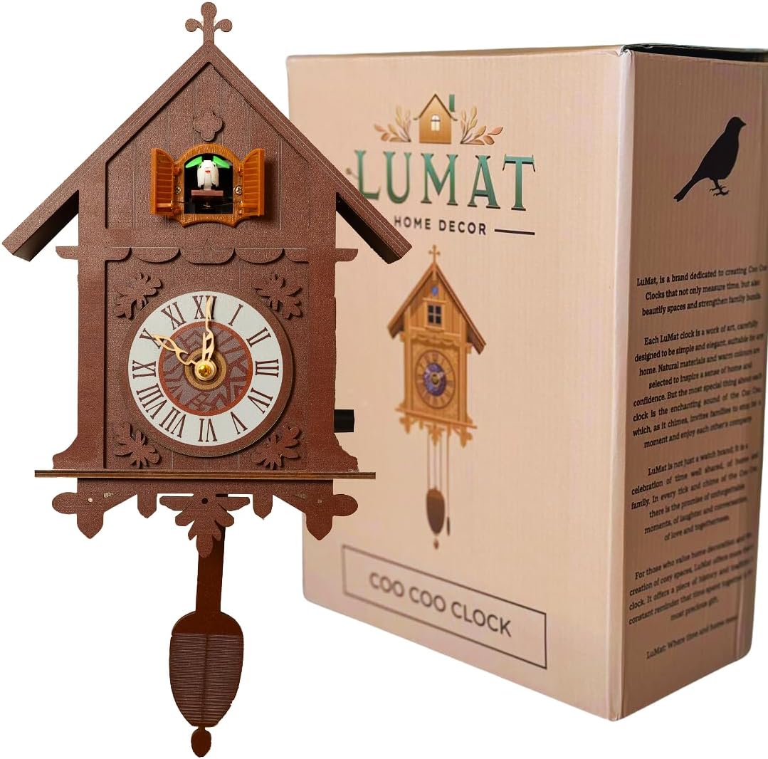 Cuckoo Clock - Modern Brown Cuckoo Clocks for Wall - Natural melodies - Volume Control - Night Mode - Perfect for Adults, Kids and Families - Battery Powered