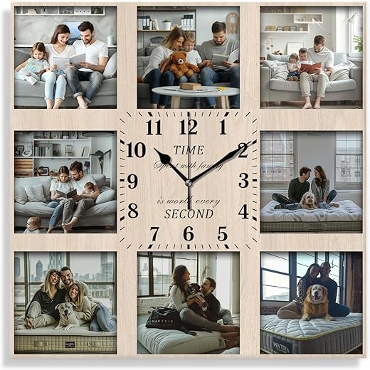 Custom Wall Clock, 8 Pictures Personalized Picture Clock for Creative, Battery Operated Square Clock Silent Non-Ticking for Home Decor