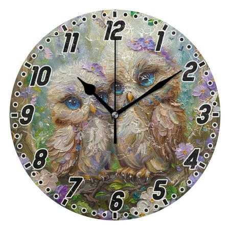 Cute Owls in Forest Round Wall Clock Battery Operated Silent Non-Ticking Bedroom Office Kitchen Home School Decor 10(Black)