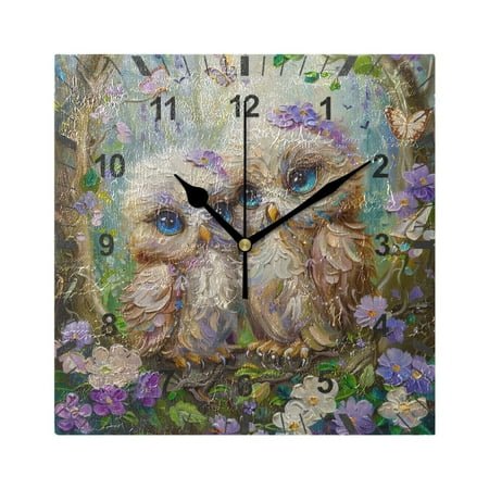 Cute Owls in Forest Wall Clock Battery Operated Silent Non-Ticking Bedroom Office Kitchen Home School Decor 7.8(Black)