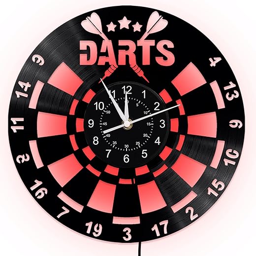 Darts Game Wall Clock, 12 Inch 7 Colors Luminous Dart Board Wall Clock, Silent Quartz Modern Decorative Vinyl Record Night Light Wall Clock for Man Cave Boys Room Game Room Bar, Black