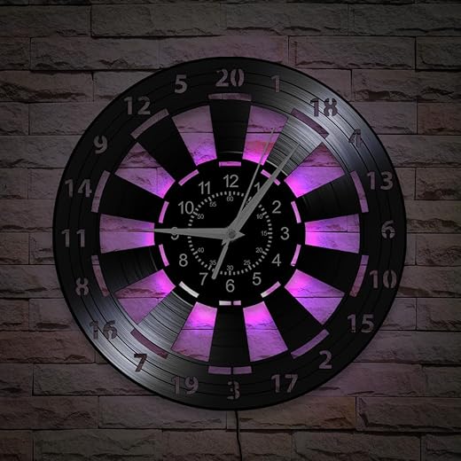 Darts Game Wall Clock, 12 Inch 7 Colors Luminous Dart Board Wall Clock, Silent Quartz Non Ticking Modern Decorative Vinyl Record Night Light Wall Clock for Man Cave Boys Room Game Room Bar