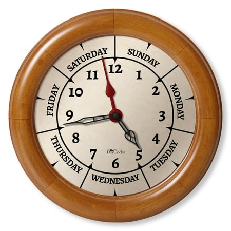 DayClocks Time & Day-of-the-Week Wall Clock with 10 Pine Wood Frame