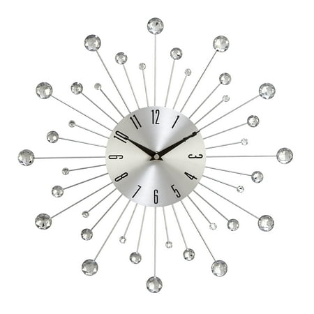 DecMode 15 Silver Metal Starburst Wall Clock with Crystal Accents