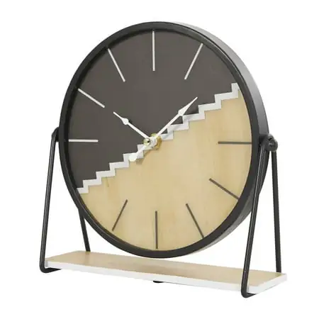 DecMode 9 Black Wooden Geometric Clock with Brown Wood Accents