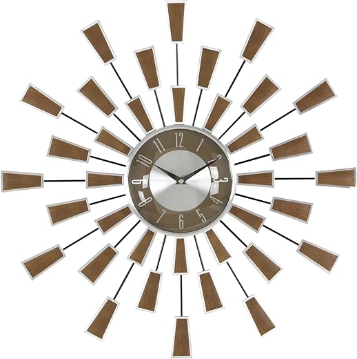 Deco 79 Metal Decorative Wall Clock Starburst Wall Clock for Home with Silver Accents, Wall Clock for Room 22 x 3 x 22, Brown