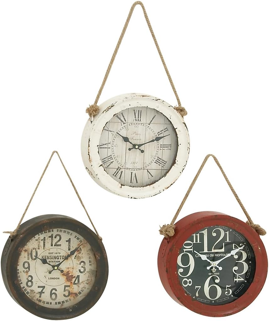 Deco 79 Metal Decorative Wall Clock Wall Clock for Home with Rope accents, set of 3 Wall Clock for Room 11 x 2 x 20, White