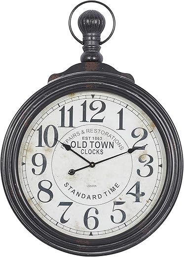 Deco 79 Wooden Decorative Wall Clock Distressed Pocket Watch Style Wall Clock for Home with Beige Clockface, Wall Clock for Room 28" x 3" x 39", Brown