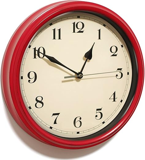 Decorative Vintage Wall Clock - 11Inch Silent Non-Ticking Clocks Battery Operated - Classic Decor for Living Room, Farmhouse, Kitchen, Bedroom, Bathroom (Red)