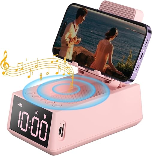 Deeyaple 3 in 1 Wireless Bluetooth Speaker with Loud Alarm Clock Cell Phone Stand TF Card Reader 12H Display Mic HD Surround Sound Kitchen Bedroom Office Cell Phone＆Tablet (Pink)