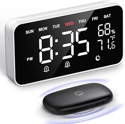 Dekala Bed Shaker Loud Alarm Clock for Heavy Sleepers Adults, Vibrating Dual Alarm Clocks for Bedrooms, Large Display Auto Dimmer,Temperature & Humidity Detect, 7-Day Programmable,