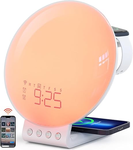 Dekala Smart Sunrise Alarm Clock with Wireless Charging for iPhone 14 13 12 Apple Watch AirPods Samsung, White Noise Sleep Sounds Machine, Nursery Night Light for Heavy Sleeper Kid Touch & App Control